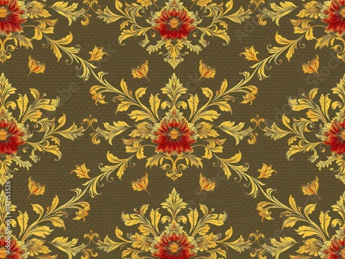 Intricately designed baroque wallpaper with gold accents and floral motifs, texture, regal photo