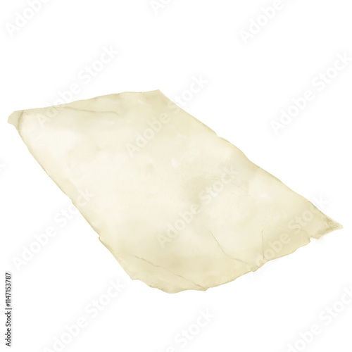A sheet of old parchment paper with torn and wrinkled edges. Watercolor digital illustration. A manuscript sheet yellowed with age isolated on a white background. Manuscript
