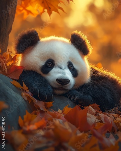 Adorable panda cub resting among vibrant autumn leaves with golden sunlight illuminating the serene forest background during fall season