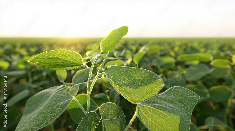 Obraz premium Soy field and soy plants in early morning light, ai technology 