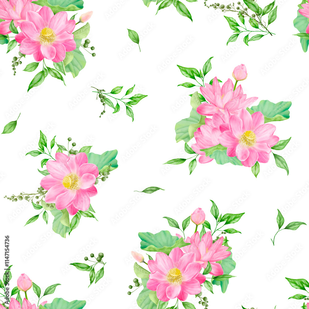 Fototapeta premium Bouquet of pink flowers framed by green leaves and twigs on seamless pattern. Watercolor digital illustration. Water lily and gypsophila twigs isolated on white background. Botanical illustration