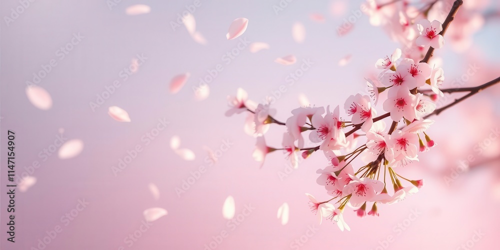 Obraz premium Soft pink sakura petals falling gently in the background, creating a dreamy atmosphere, falling, bloom