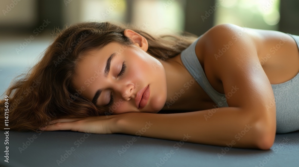 Serene young woman peacefully resting on a soft yoga mat inside a sunlit studio, embracing tranquility and relaxation during break time Serene young woman peacefully resting on a soft yoga mat inside a sunlit studio, embracing tranquility and relaxation during break time