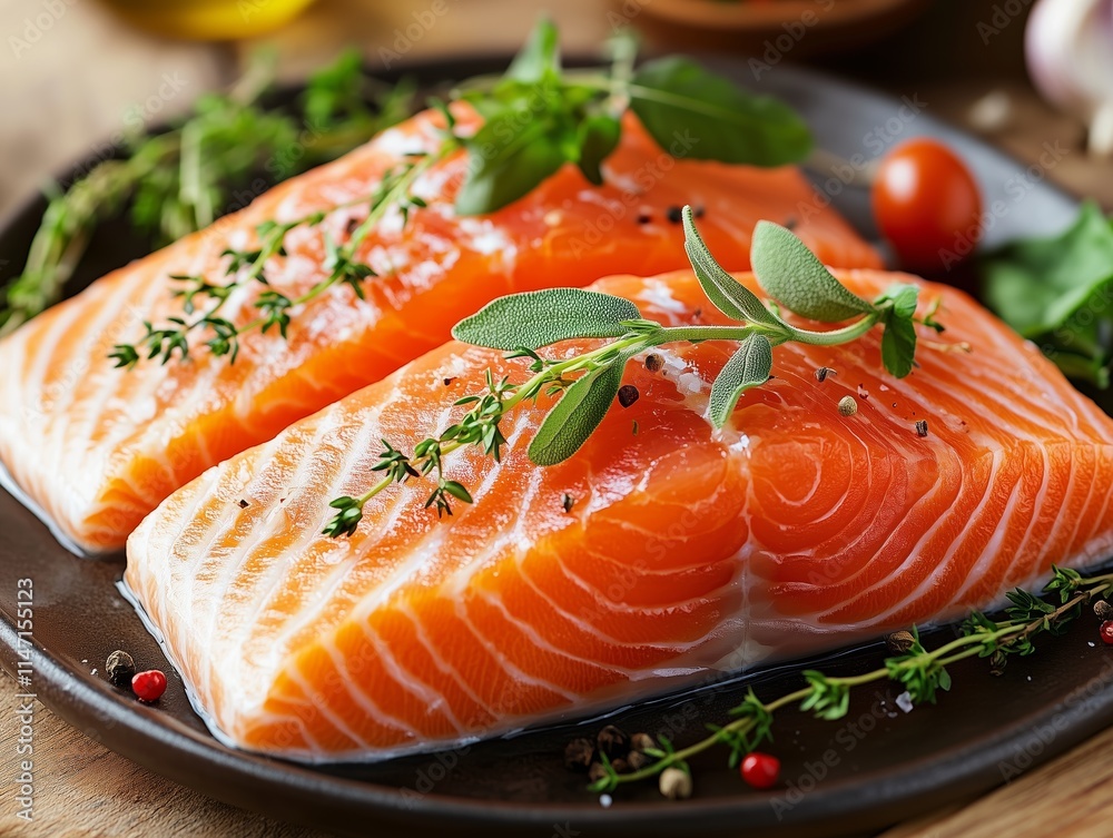 Fresh salmon fillets with aromatic herbs and spices displayed on a dark plate for gourmet cooking inspiration and presentation Fresh salmon fillets with aromatic herbs and spices displayed on a dark plate for gourmet cooking inspiration and presentation