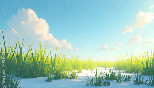 Green grass growing on snow under blue sky with fluffy clouds, early spring prediction, Groundhog Day