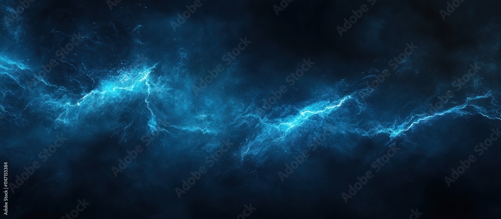 Intense blue lightning streak, glowing on dark foggy background Intense blue lightning streak, glowing on dark foggy background