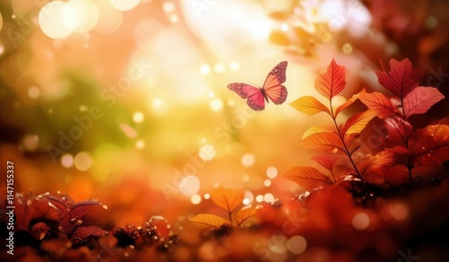 a butterfly flying over a bush with leaves