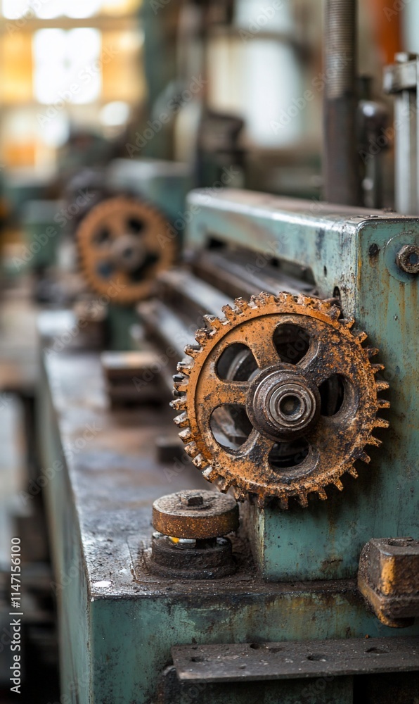 Close-up of aged industrial machinery with rusty gears.
