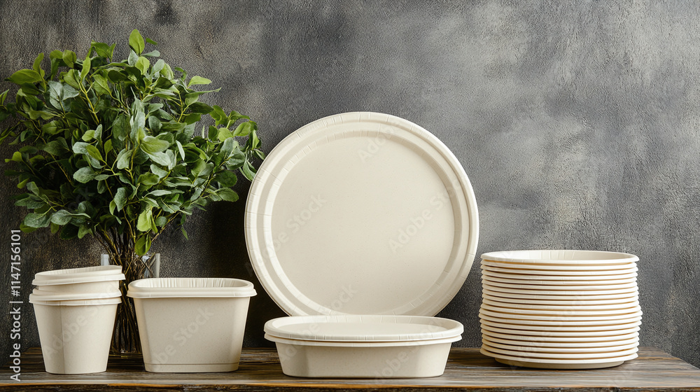 Eco friendly disposable paper plates and biodegradable dishware, utensil for serving meals at picnics or takeout, organic cardboard tableware. Eco friendly disposable paper plates and biodegradable dishware, utensil for serving meals at picnics or takeout, organic cardboard tableware.