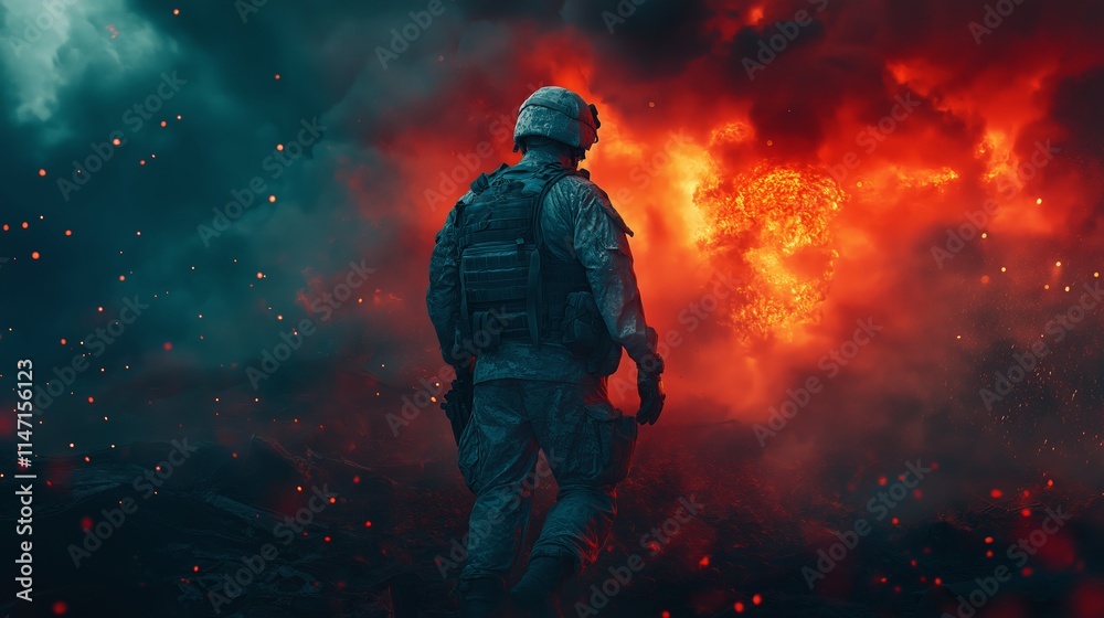 Soldier in tactical gear observing a dramatic explosion amidst fiery and smoky battlefield, evoking themes of war and destruction Soldier in tactical gear observing a dramatic explosion amidst fiery and smoky battlefield, evoking themes of war and destruction