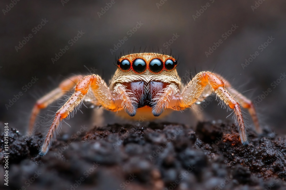 Close-up of a colorful spider with distinctive eyes on a dark surface. Close-up of a colorful spider with distinctive eyes on a dark surface.