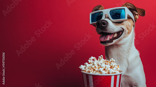 Funny dog wearing 3d glasses with popcorn bucket, cute pet watching movie or tv in cinema, humorous portrait of canine viewer enjoying leisure entertainment and eat snack on red background.