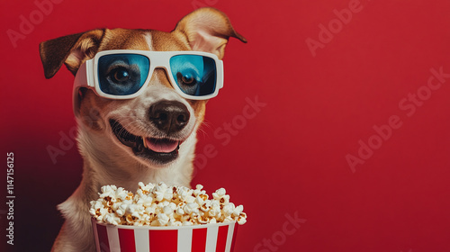 Funny dog wearing 3d glasses with popcorn bucket, cute pet watching movie or tv in cinema, humorous portrait of canine viewer enjoying leisure entertainment and eat snack on red background. photo