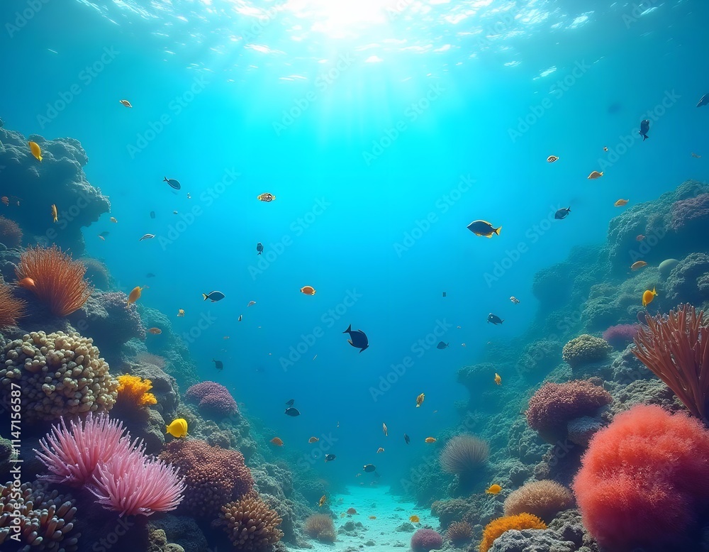 Fototapeta premium Vibrant coral reef scene with diverse marine life in clear blue waters.