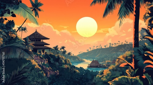 Illustration Of A Travel Poster For A Trip To Bali Island, Generative AI