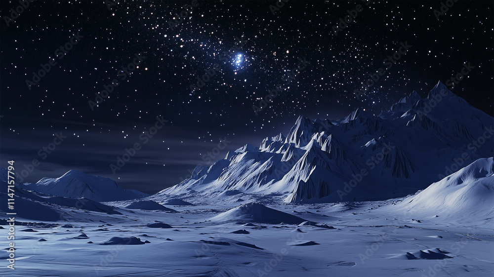 冬の夜空にオリオン座が浮かぶ雪山の絶景