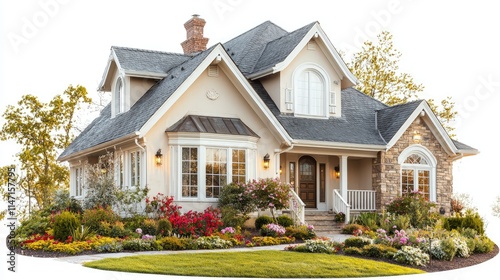 Elegant two-story house with landscaped garden.