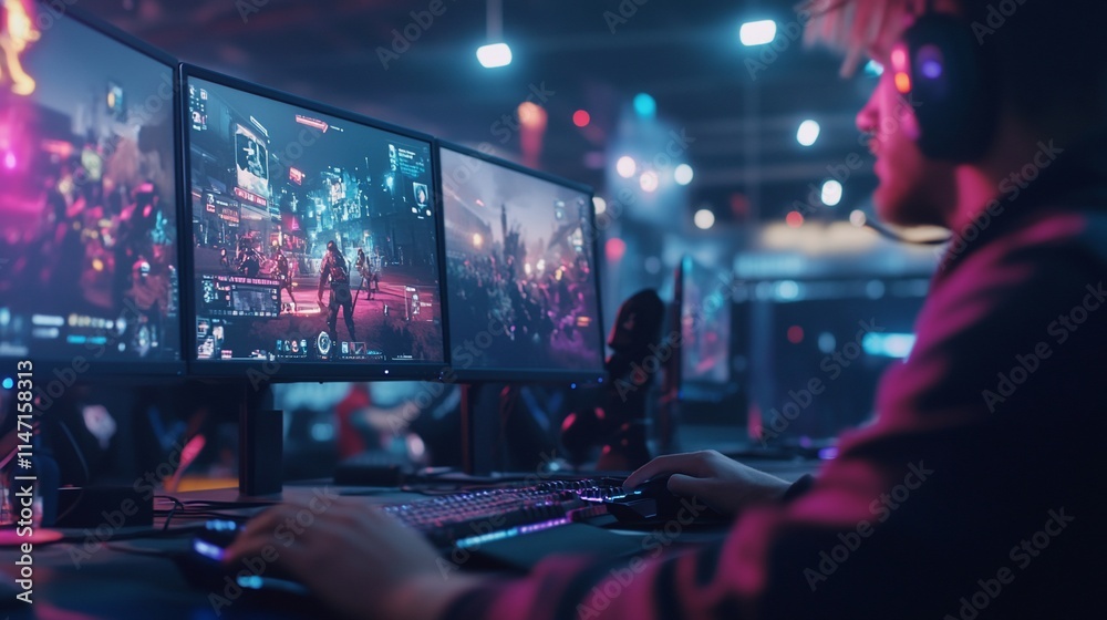 Gamer engaged in multiplayer action with multiple monitors. Gamer engaged in multiplayer action with multiple monitors.