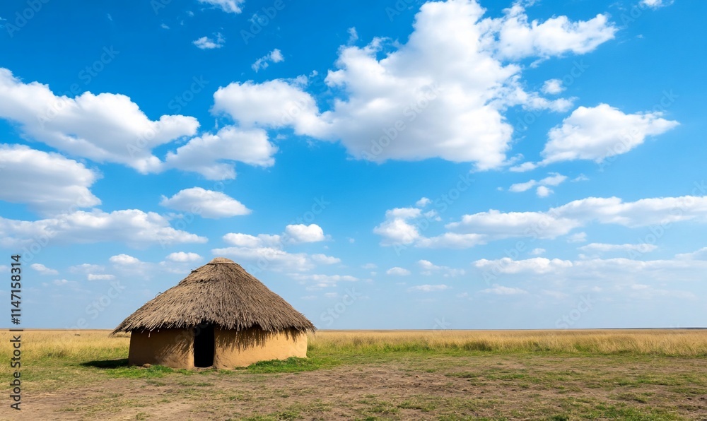 A traditional hut in a vast grassy landscape under a blue sky. A traditional hut in a vast grassy landscape under a blue sky.