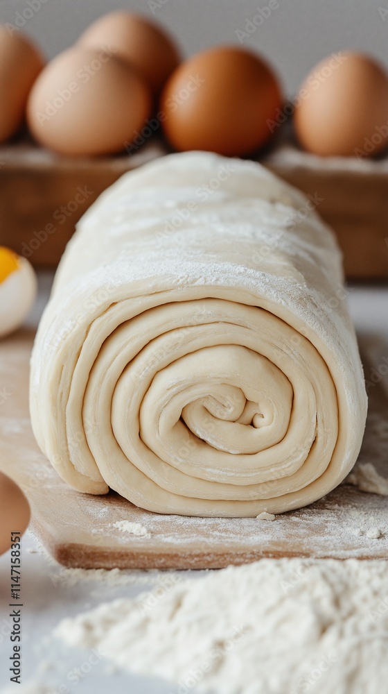 puff pastry rolled up, eggs in the background, close-up puff pastry rolled up, eggs in the background, close-up