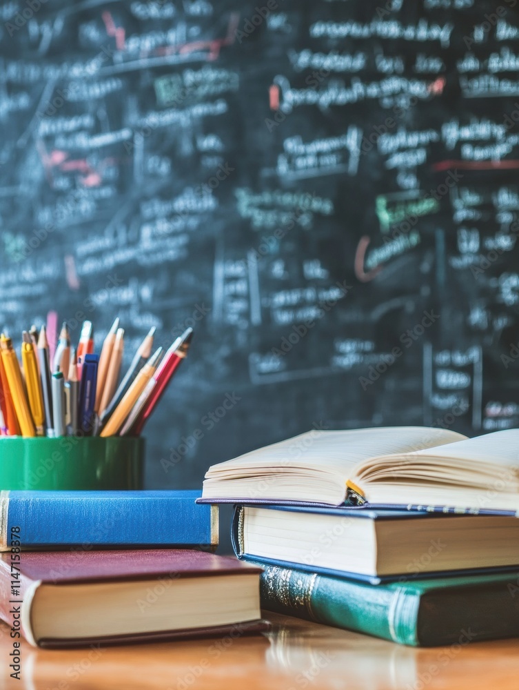Colorful stationery and books arranged on a desk with a blackboard in the background for educational activities. Generative AI Colorful stationery and books arranged on a desk with a blackboard in the background for educational activities. Generative AI