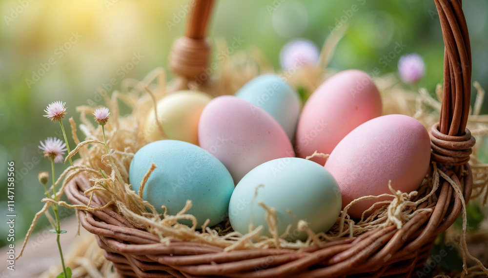 A set of Easter-themed pastel-colored eggs in a rustic wicker basket, surrounded by hay and wildflowers. Soft lighting with a cozy spring feel A set of Easter-themed pastel-colored eggs in a rustic wicker basket, surrounded by hay and wildflowers. Soft lighting with a cozy spring feel