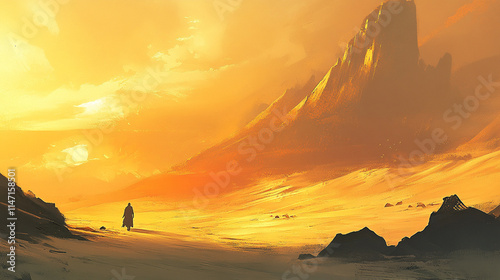 A lone figure walks through a vast, golden desert landscape with a towering mountain in the distance.