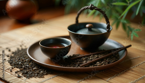 A traditional Japanese tea set on a bamboo mat, surrounded by loose tea leaves. Soft, diffused lighting to enhance the serenity of the scene photo