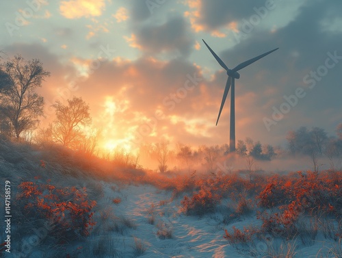 Scenic winter landscape with wind turbine at sunrise, casting warm light over frosty ground and snow-covered vegetation