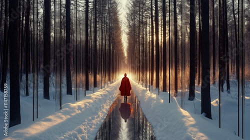 A solitary figure in a red cloak walks down a snow-covered forest path at sunrise, with reflective icy surface