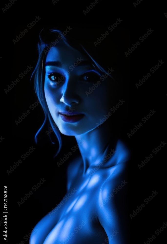 a close up of a woman with blue light on her face a close up of a woman with blue light on her face