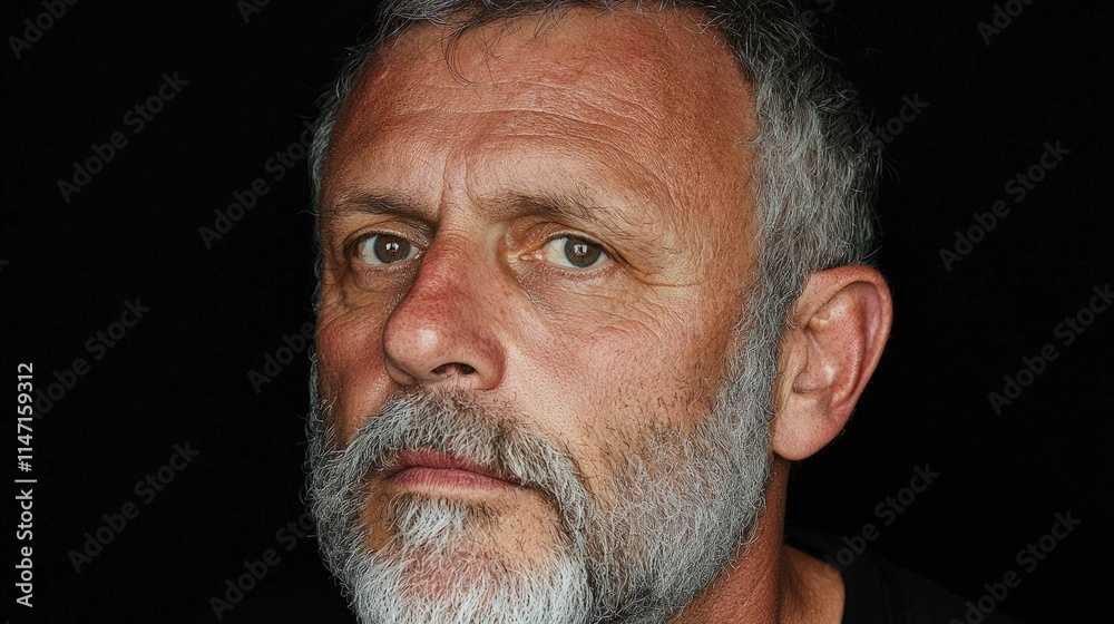 Close-up portrait of a mature man with graying beard and hair, serious expression against a black background. Close-up portrait of a mature man with graying beard and hair, serious expression against a black background.