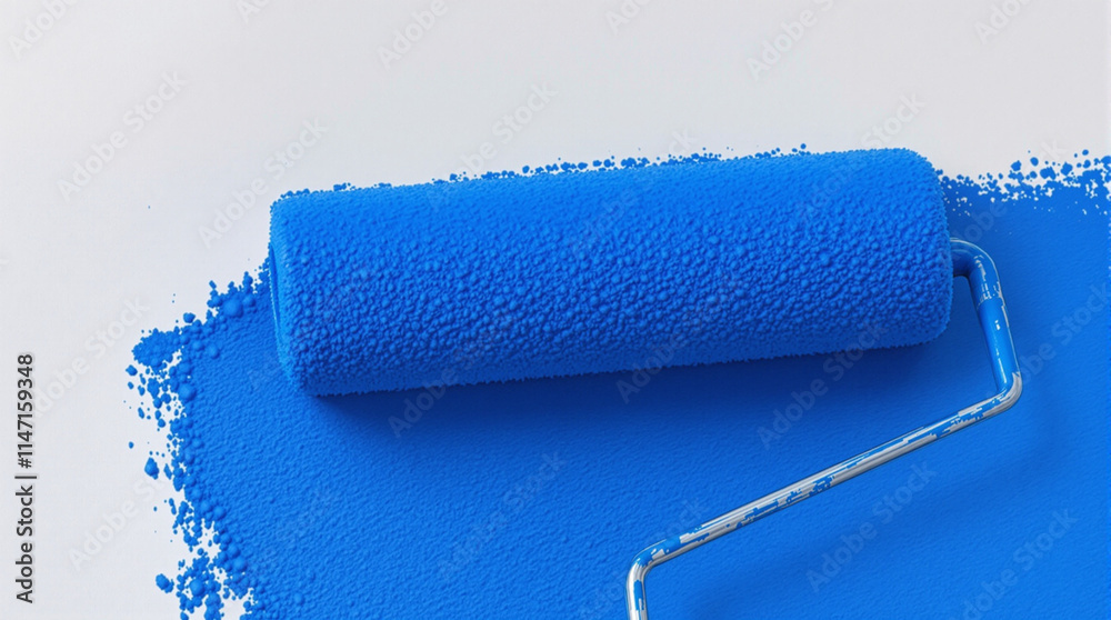 Obraz premium Blue Paint Roller Painting a White Wall with Blue Paint