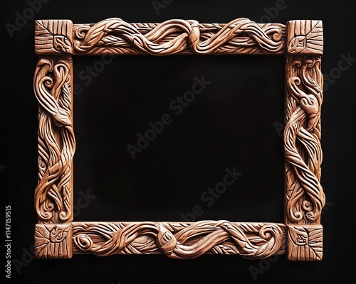 A Germanic-inspired rectangular frame with twisted vines and rune-like etchings, warm amber glow highlighting its carved motifs, no trademarked elements. photo