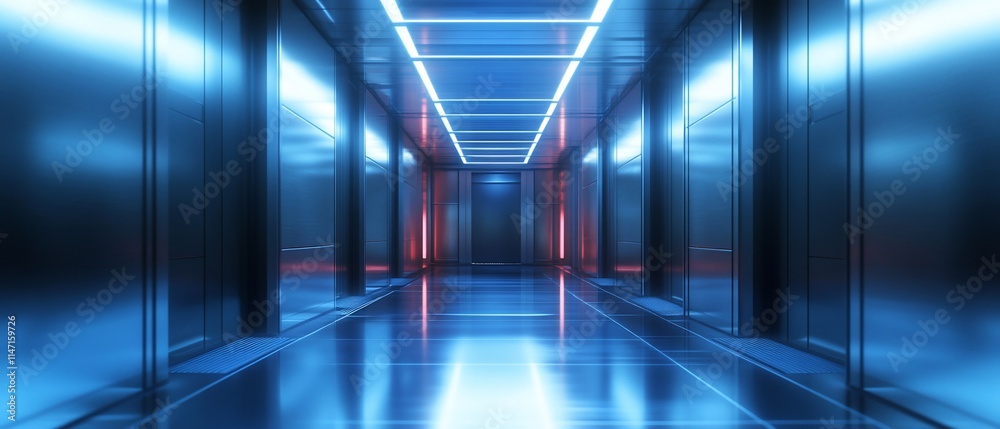 Fototapeta premium Futuristic neon-lit corridor with reflective floor.