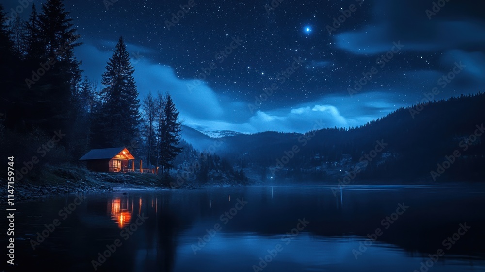 Fototapeta premium Night cabin by lake under starry sky.