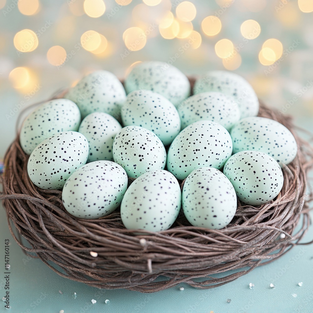 Speckled pastel blue eggs arranged in a decorative nest with a soft bokeh background, AI Speckled pastel blue eggs arranged in a decorative nest with a soft bokeh background, AI