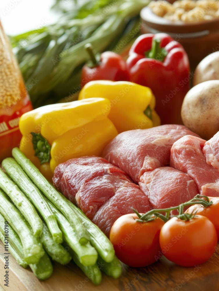Fresh vegetables, meats, and grains displayed on a wooden surface for healthy meal preparation in a bright kitchen. Generative AI Fresh vegetables, meats, and grains displayed on a wooden surface for healthy meal preparation in a bright kitchen. Generative AI