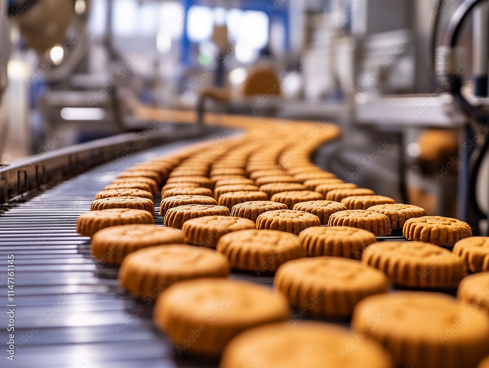 Cookies move along a conveyor belt in a bustling factory during daytime production hours Cookies move along a conveyor belt in a bustling factory during daytime production hours