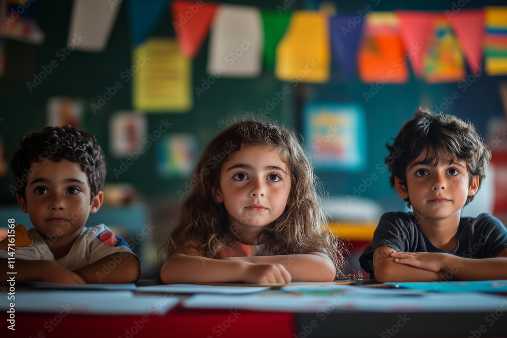 Children from diverse backgrounds engaged in creative activities in a vibrant classroom setting