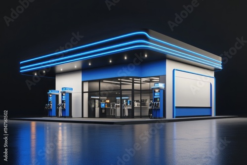 Modern gas station at night with blue neon lights.