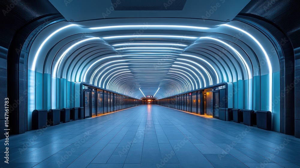 Futuristic illuminated tunnel with arched ceiling and glowing blue neon lights. Futuristic illuminated tunnel with arched ceiling and glowing blue neon lights.