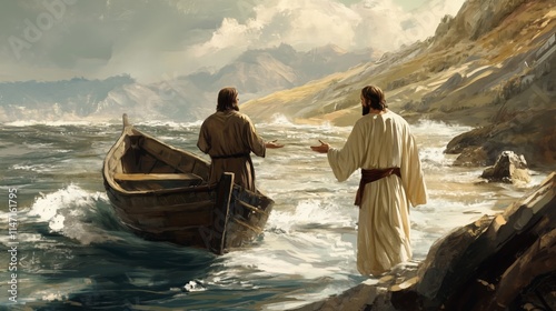 disciple peter talking from a boat to jesus who far away and is walking on water