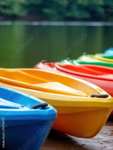Colorful kayaks ready for a lake adventure. AI.