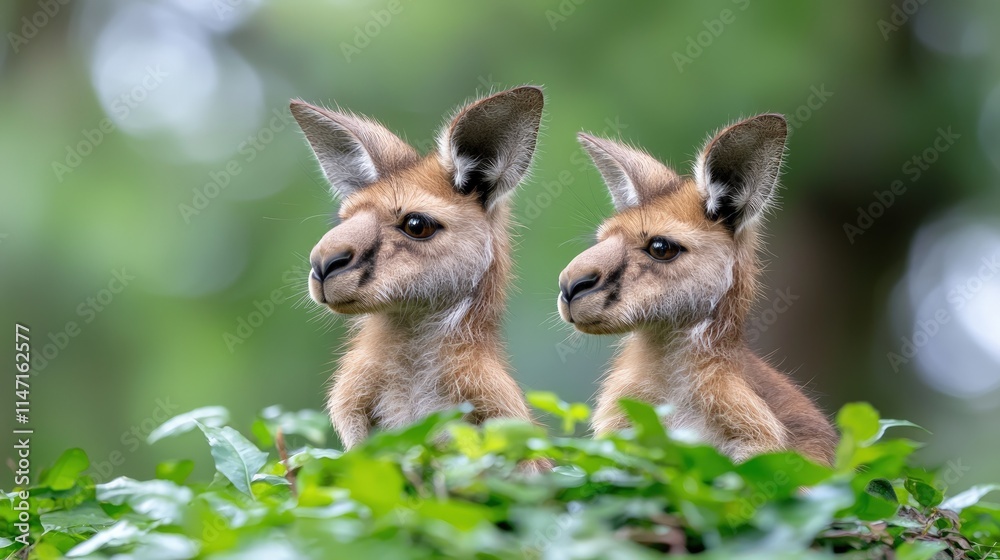 Fototapeta premium Two red kangaroo joeys peering from foliage.