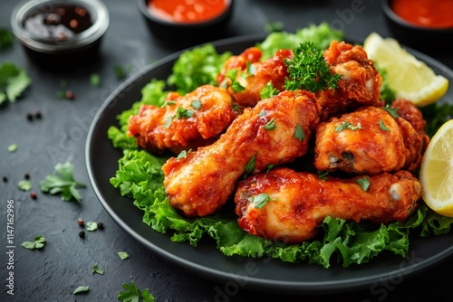 Delicious glazed chicken wings garnished with parsley and lemon slices