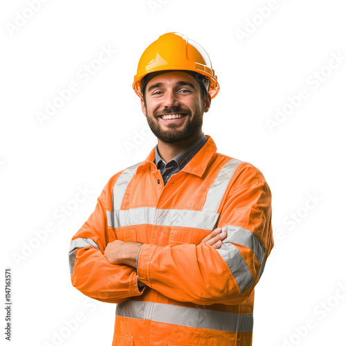 Smiling engineer man or construction worker with safety helmet in construction site on transparent background PNG