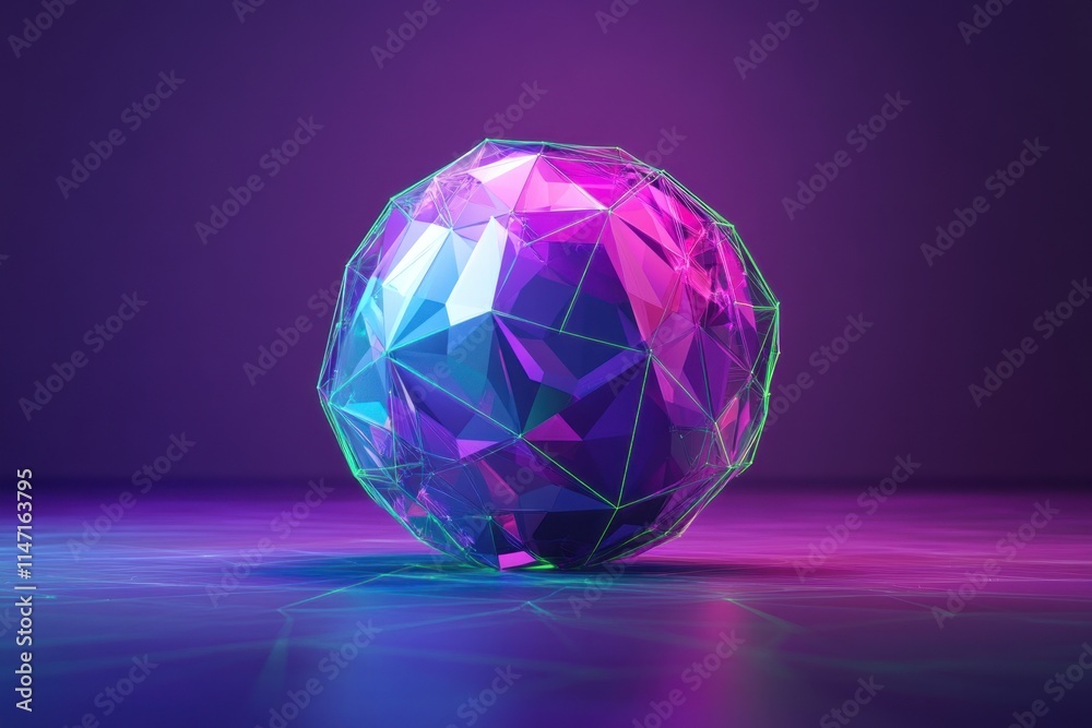 Neon-lit polygonal sphere on reflective surface. Neon-lit polygonal sphere on reflective surface.