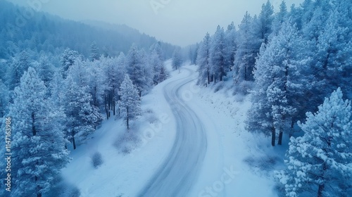 Winding snowy road through a frosty winter wonderland