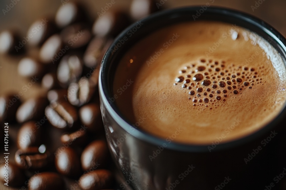 Cup of coffee with rich crema and roasted beans surrounding it in a cozy setting perfect for a morning ritual. Generative AI Cup of coffee with rich crema and roasted beans surrounding it in a cozy setting perfect for a morning ritual. Generative AI